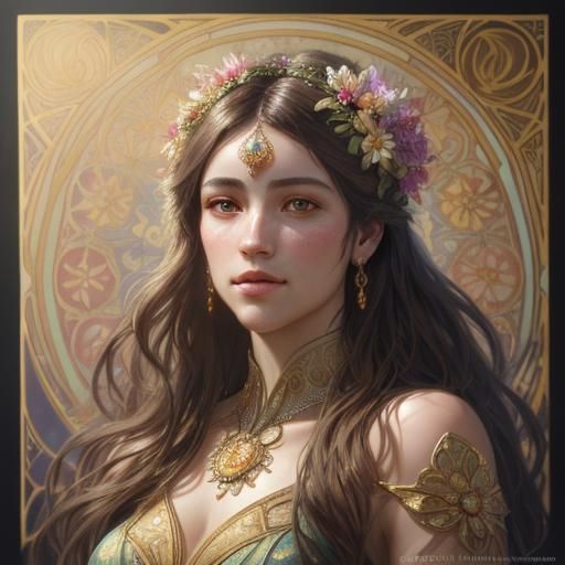 Woman with Intricate Dress in Art Nouveau Oil Painting