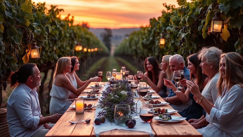 Golden Hour Gathering Among the Vineyard Grapes