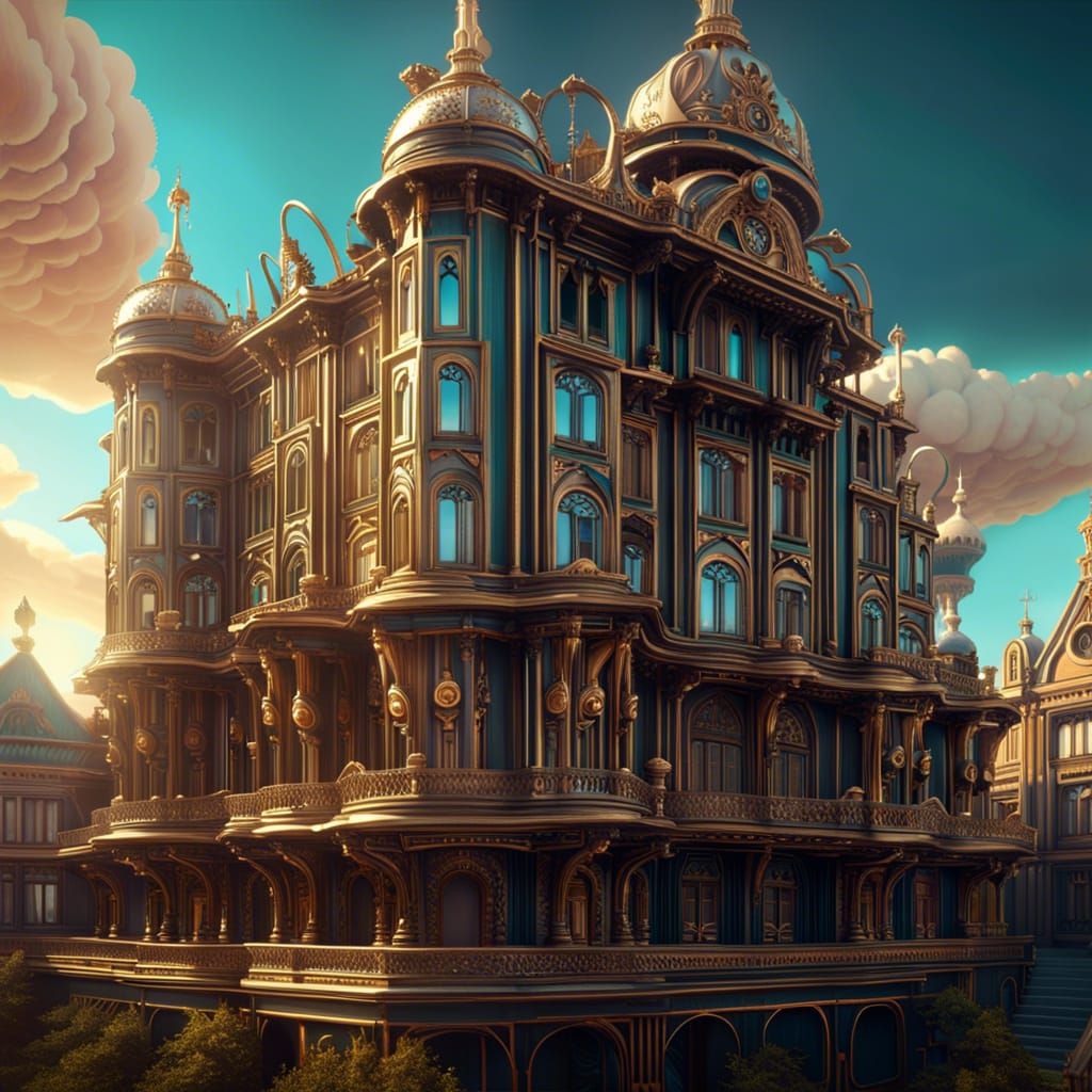Steampunk Storybook Cityscape in Art Nouveau Style