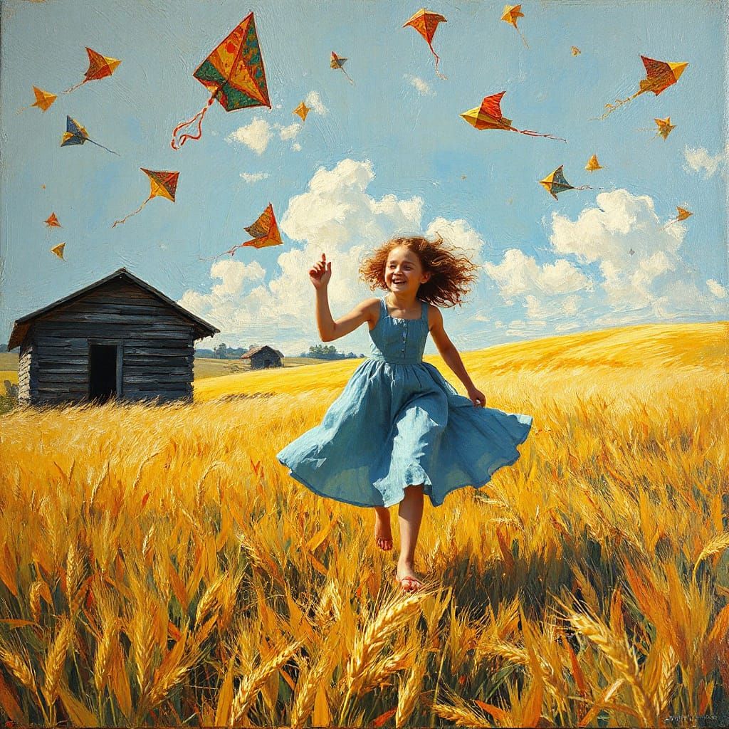 Woman in Wheat Field: Impressionistic Oil Painting