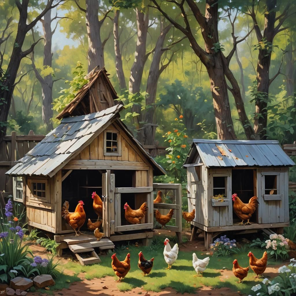 Charming Chicken Coop in Oil Painting Style