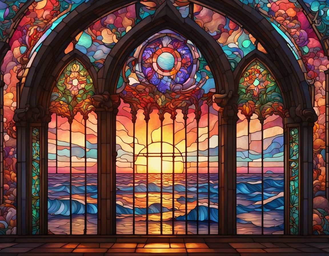 Stained Glass Sunset at Sea in Bright Colors