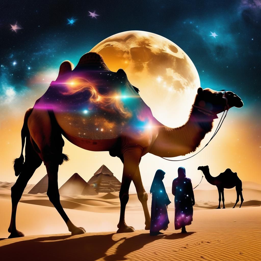 Double Exposure: Camel, Pyramids, and Galaxy