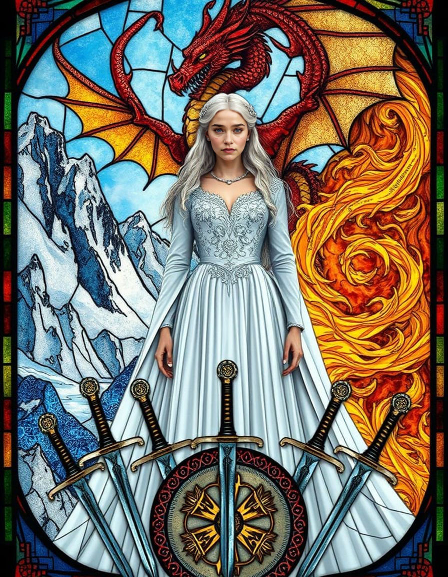 Emilia Clarke as a silver-haired queen, draped in a flowing ...