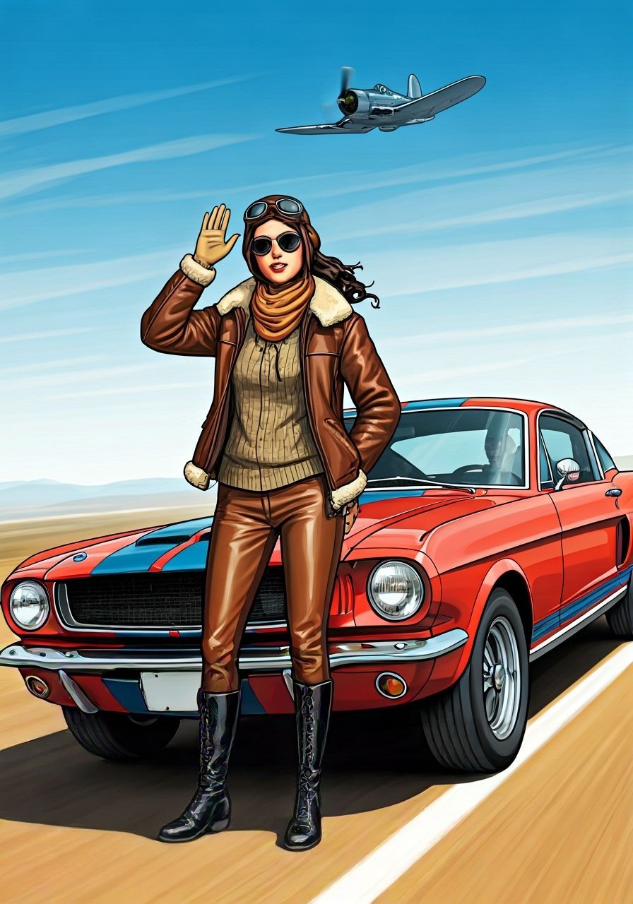 1970s Pilot Poses with Classic Mustang and Fighter Jet