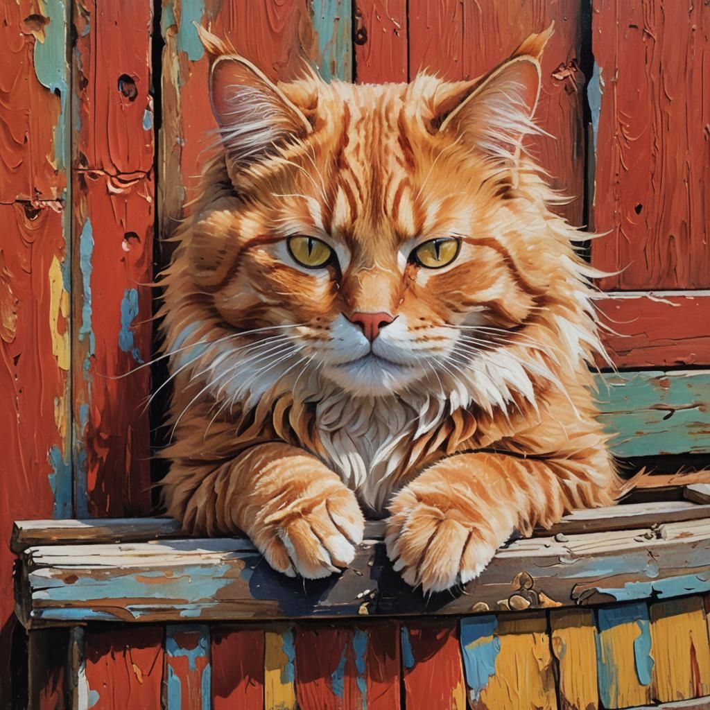 Fluffy Ginger Cat Sleeping: Expressionist Oil Painting
