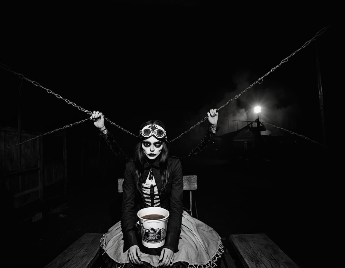 Goth Model in VR Goggles at Haunted Carnival