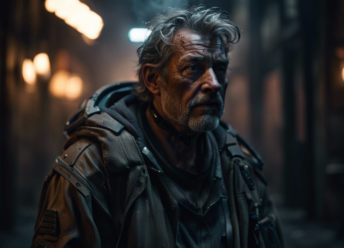 Cyberpunk Homeless Man in Sci-Fi Armor