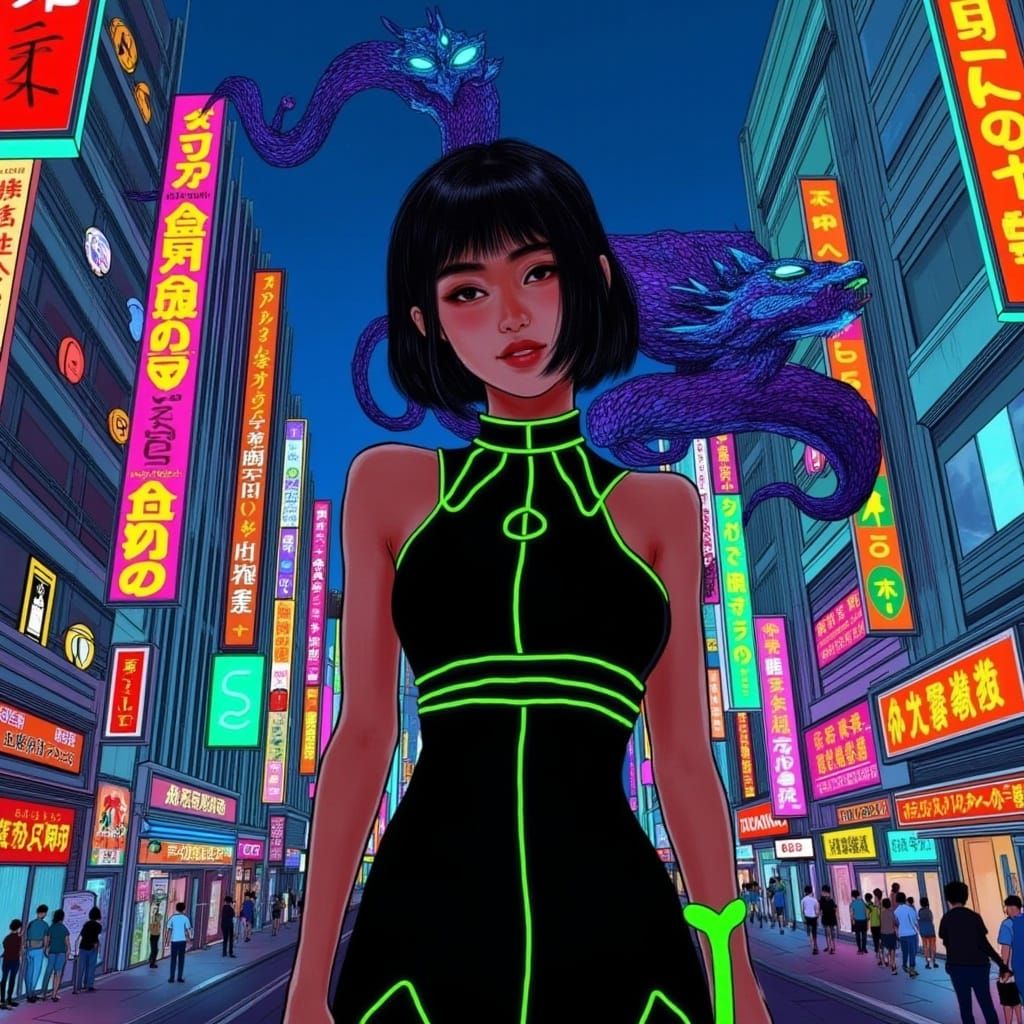 Heroic Girl with Dragon in Tokyo, Anime Style