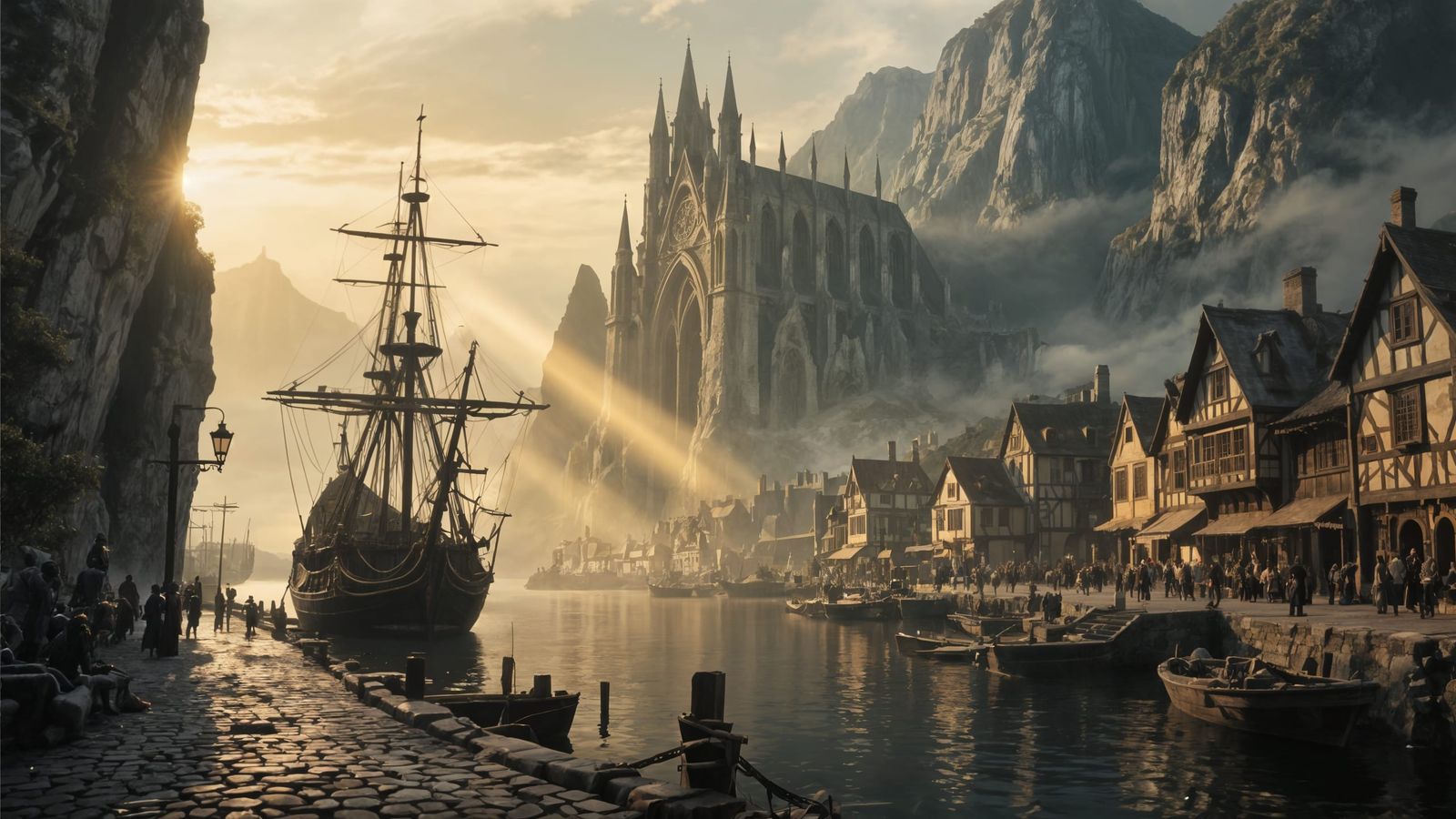 Epic Port City Matte Painting with Gothic Cathedral