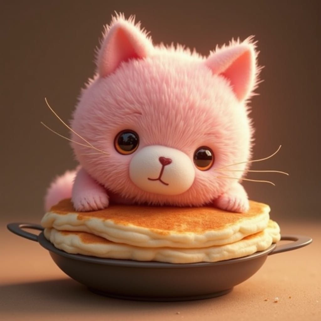 Whimsical Cat-Teddy Pancake in a Golden Pan
