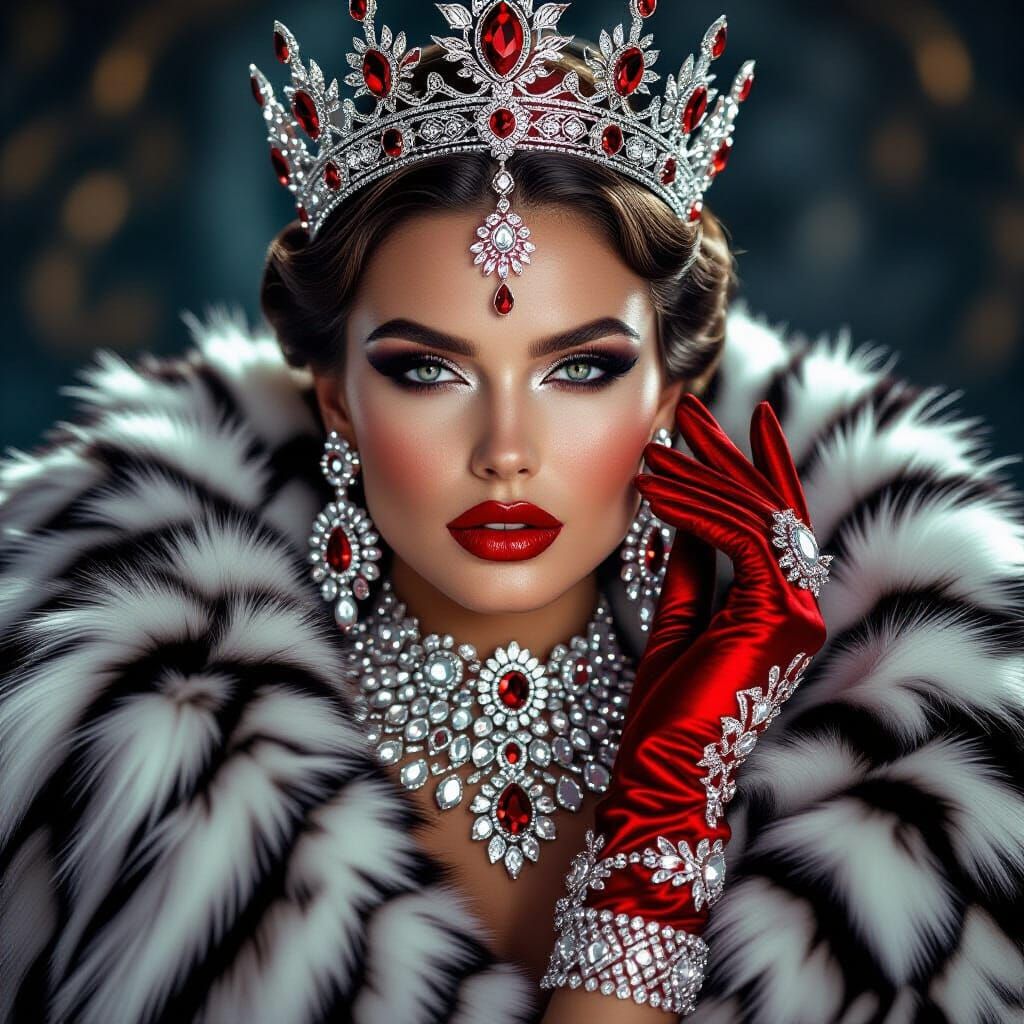 Elegant Woman in Red and Silver Jewelry, Regal Portrait