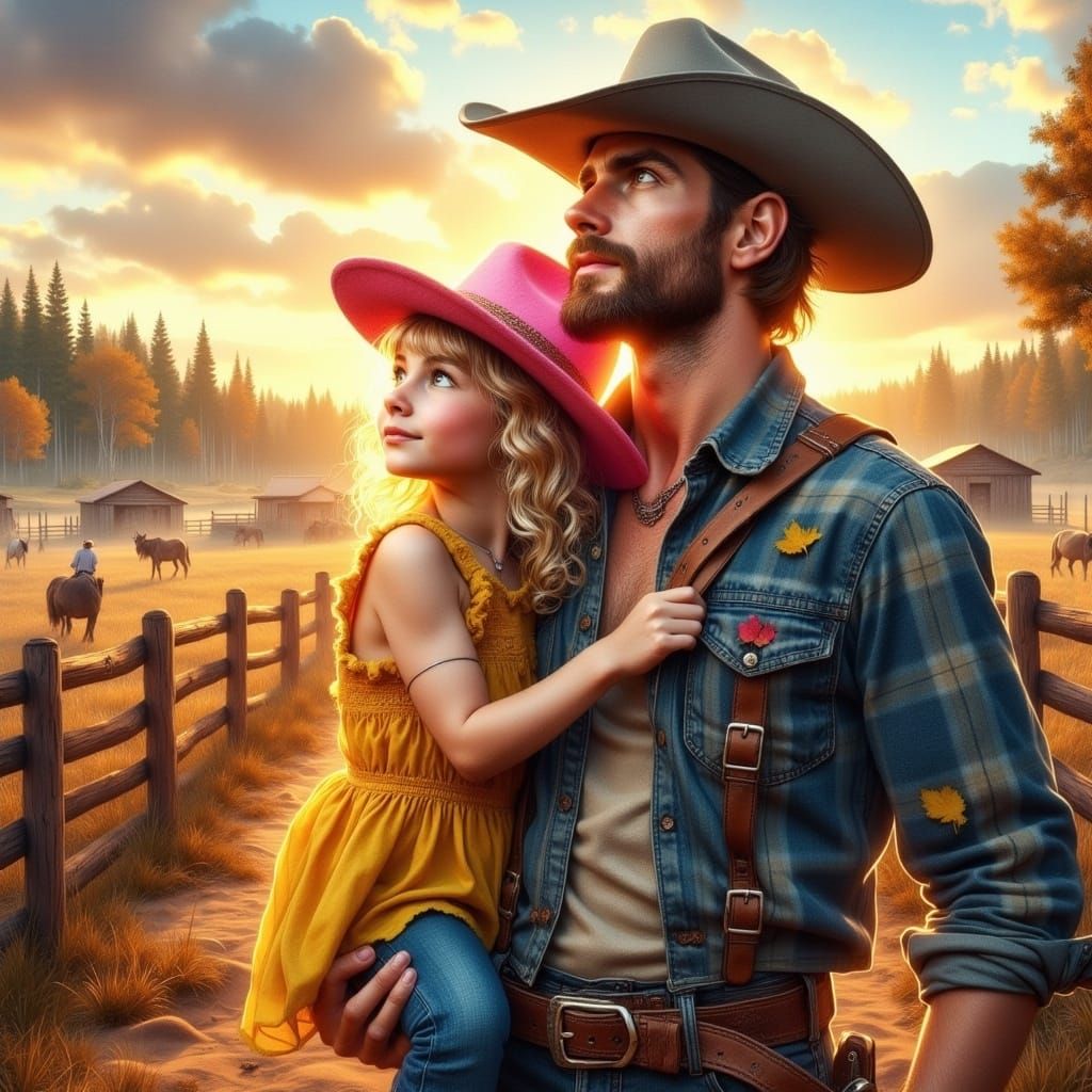 Autumn Rodeo: Father and Daughter in Dreamlike Painting