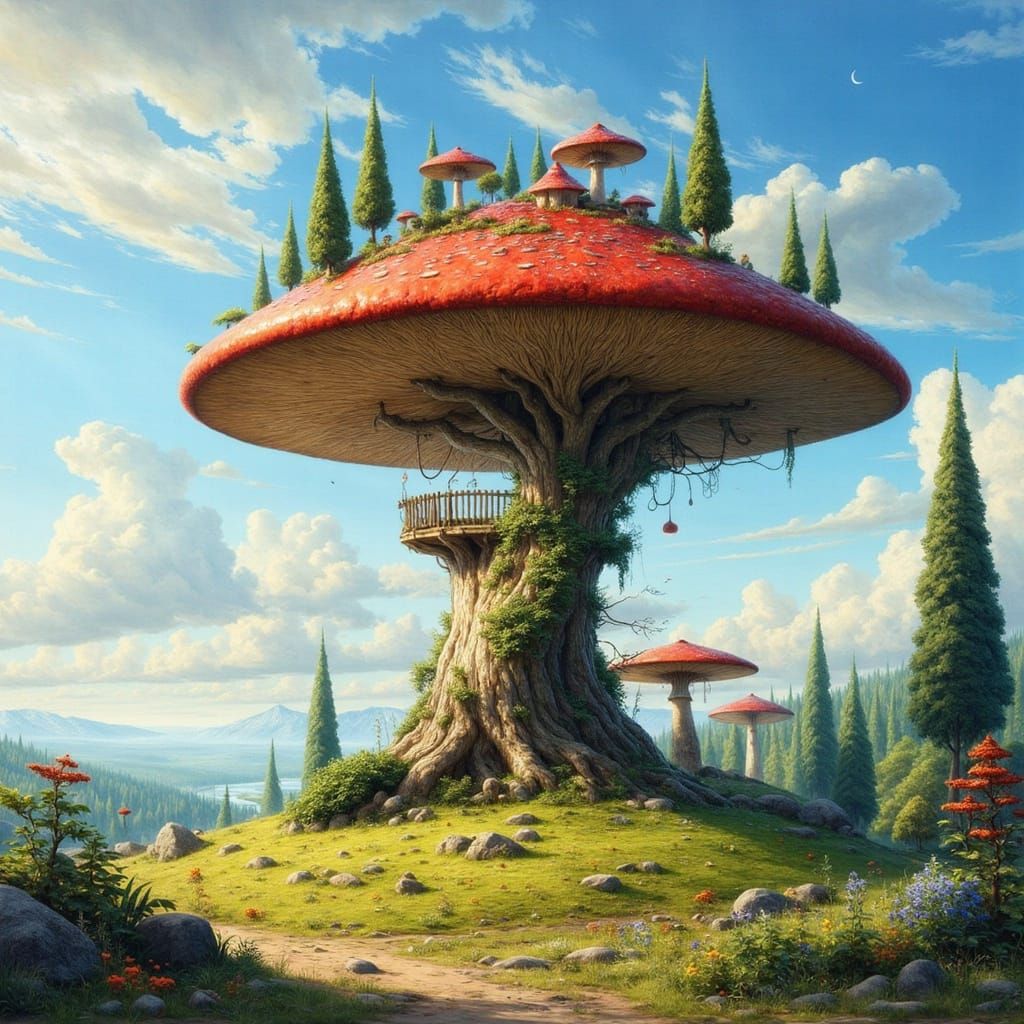 Surreal SciFi Landscape with Enchanted Mushroom Treehouse