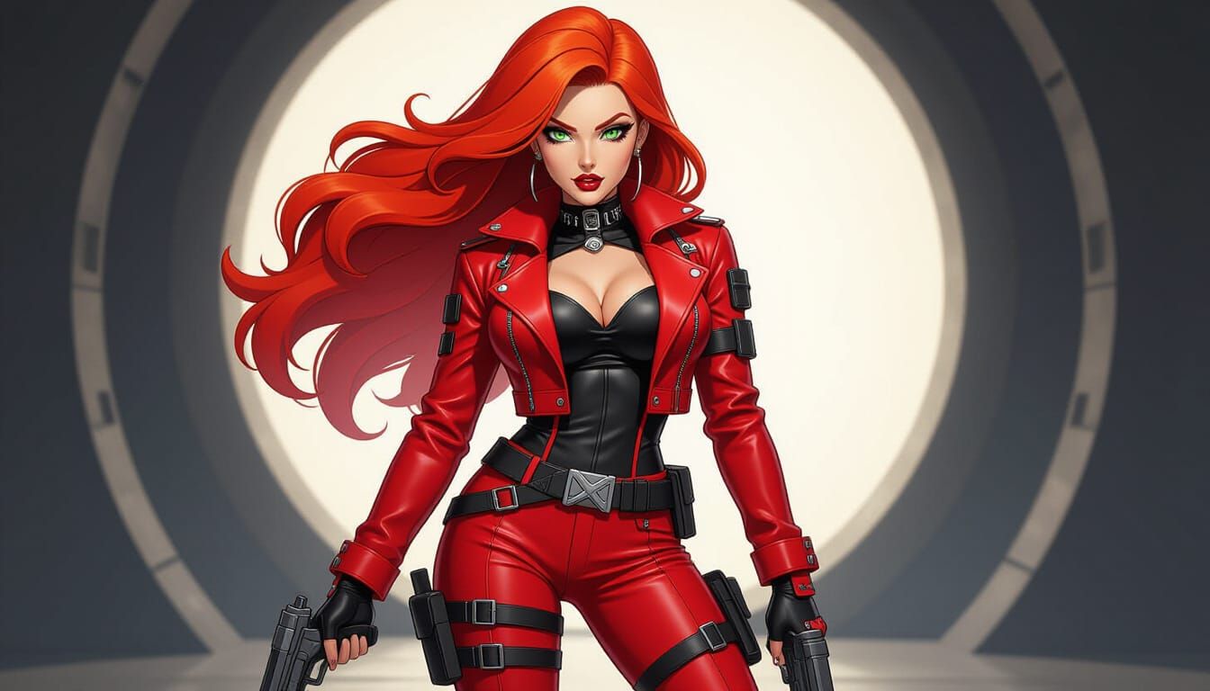 Cyberpunk Woman with Fiery Red Hair in Anime Style