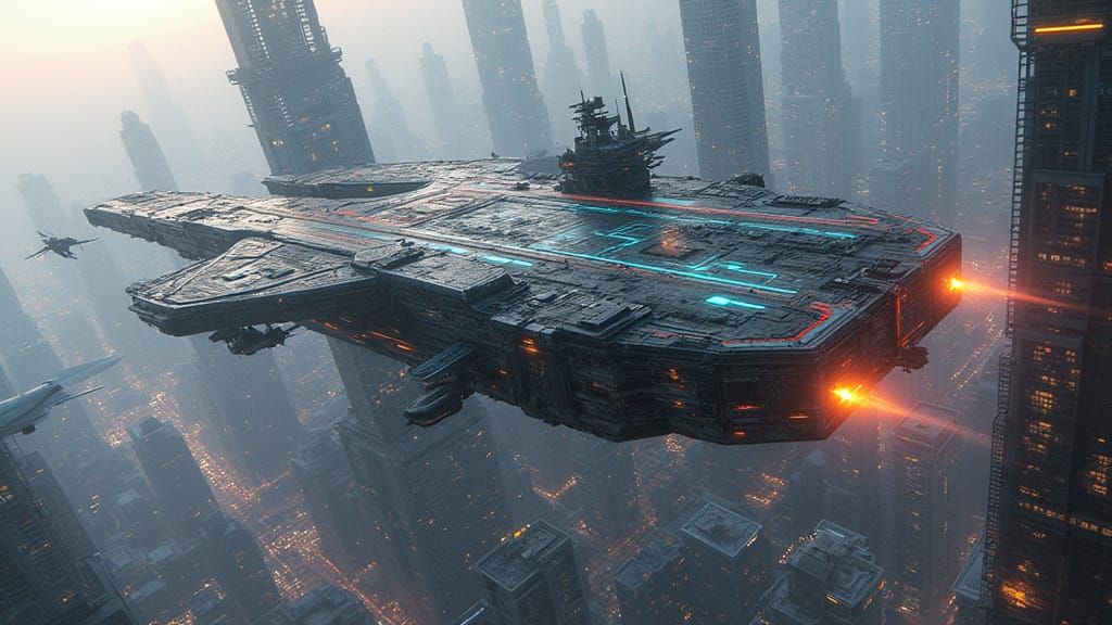Cyberpunk Aircraft Carrier Over Metropolis