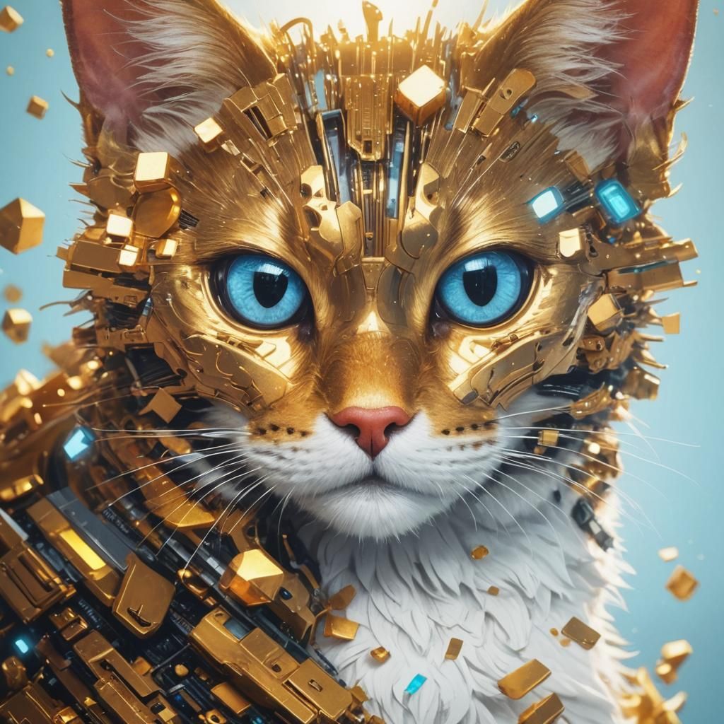 Kitten Versus Terminator in Cyberpunk Style