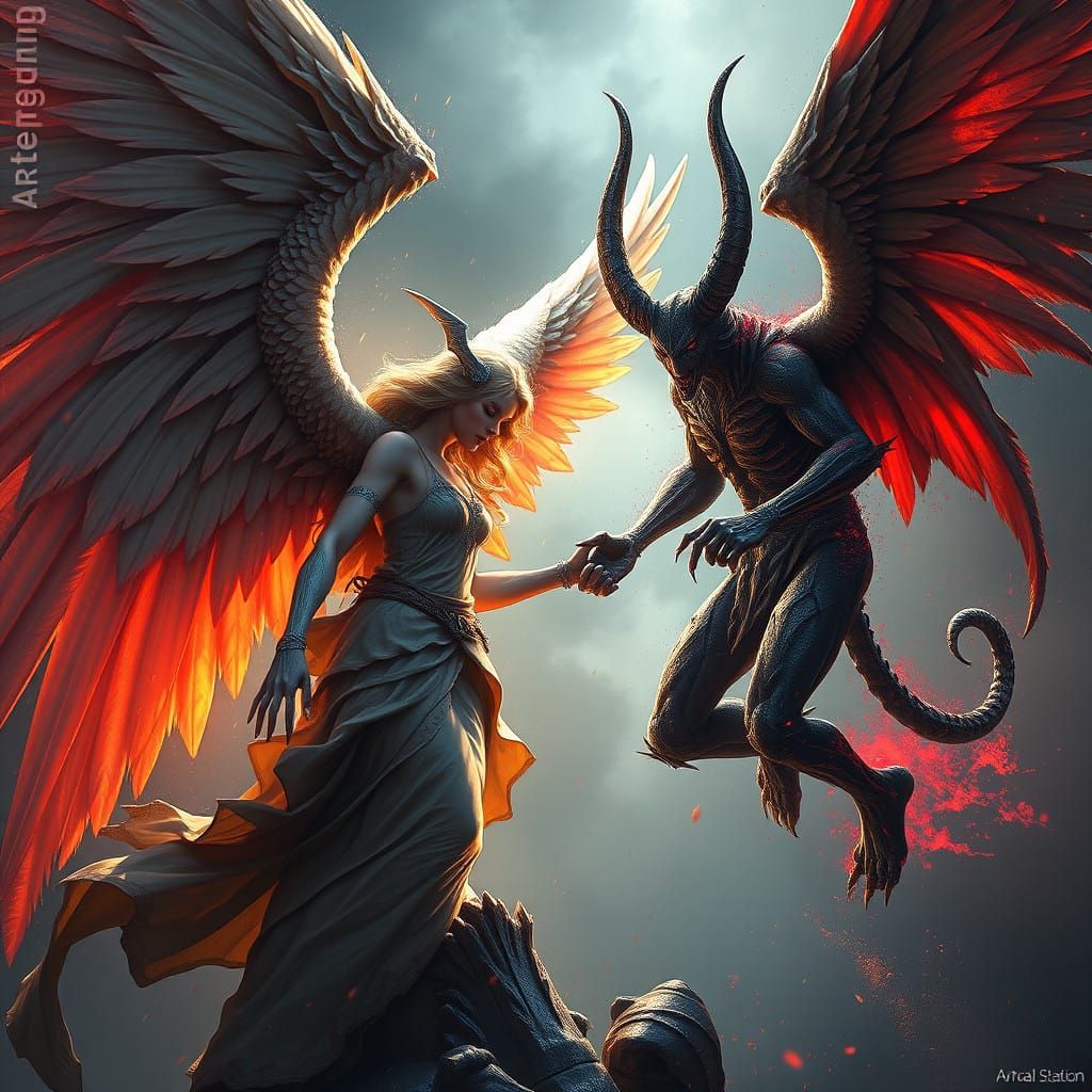 Ethereal Duel Between Angel and Demon in Vibrant Fantasy