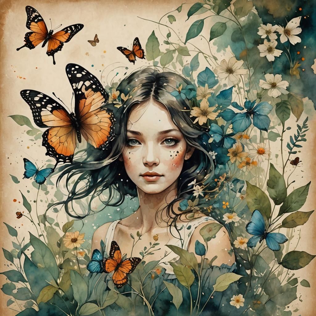 Watercolor Butterfly Portrait on Parchment in Mixed Media Ar...