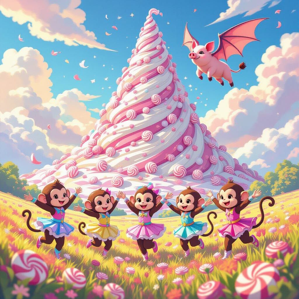 Magical Monkeys Dance on Chocolate Field Below Candy Mountai...