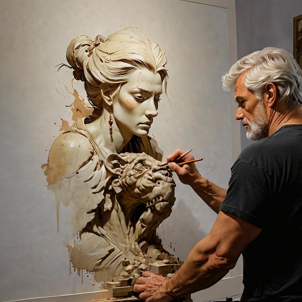 Portrait of a man busy carving a sculpture of a crouching woman. Painting by Frank Frazetta (splash art , ink drawing, w...