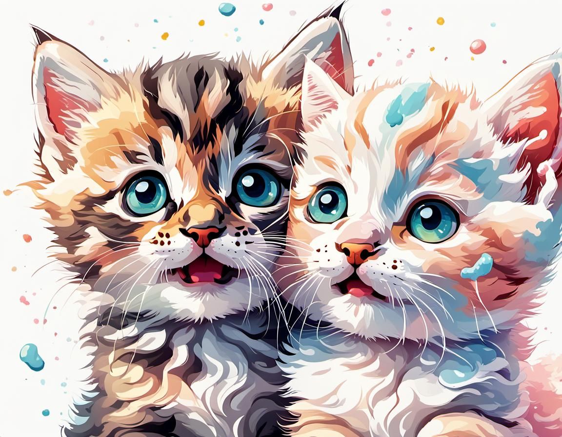Playful Kittens in Pastel Hokusai-Inspired Illustration
