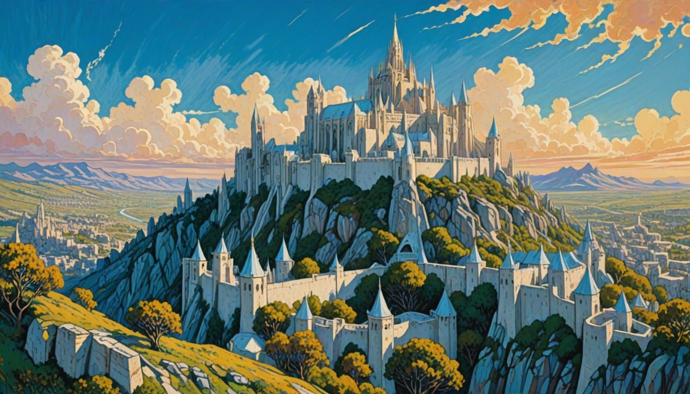 Minas Tirith in a Bright, Blue Sky, in a Style Inspired by C...