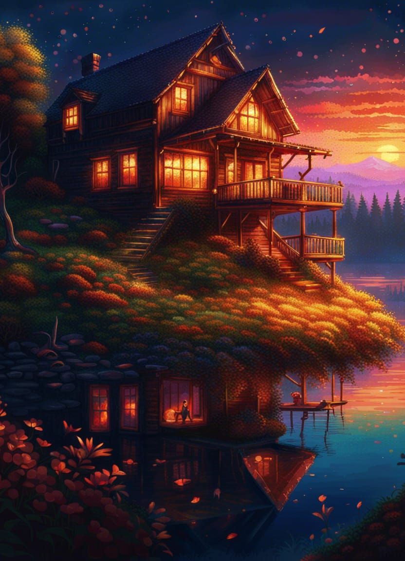 Majestic Cabin at Sunset: Kinetic Pointillism Digital Art