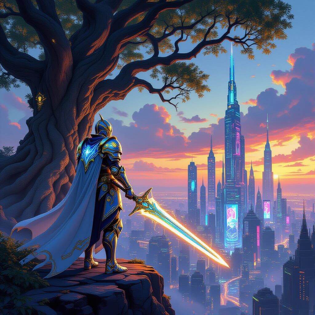 Cyberpunk Knight Overlooks Neon Metropolis