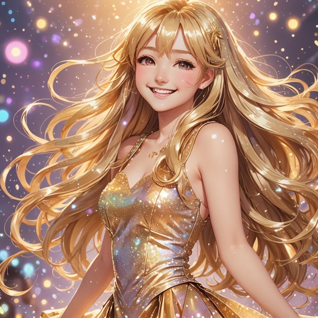 Golden Anime Girl Portrait in Pastel Colors