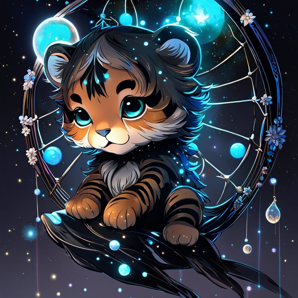 Whimsical Tiger Cub and Fawn in Starry Galaxy