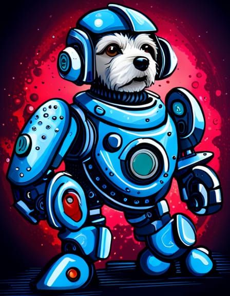 Steampunk Robotic Cavapoo in Sci-Fi Cityscape