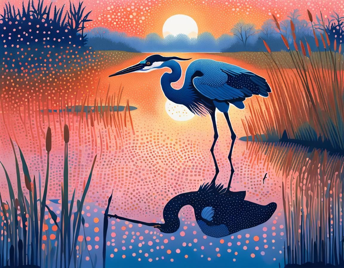 Pointillist Heron in Wetland at Dawn