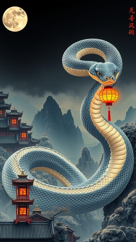 Snake Transforms into Ancient Asian Landscape in Double Expo...