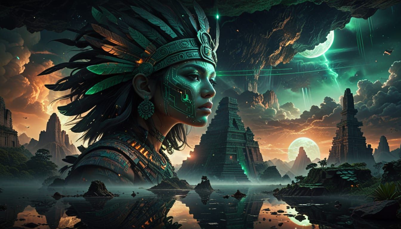 Aztec Princess Warrior in Sci-Fi Landscape