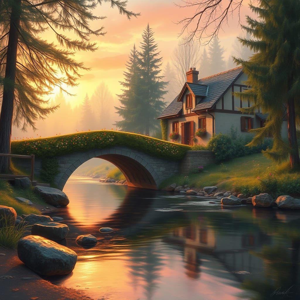 Dreamy River Scene in Impressionist Style