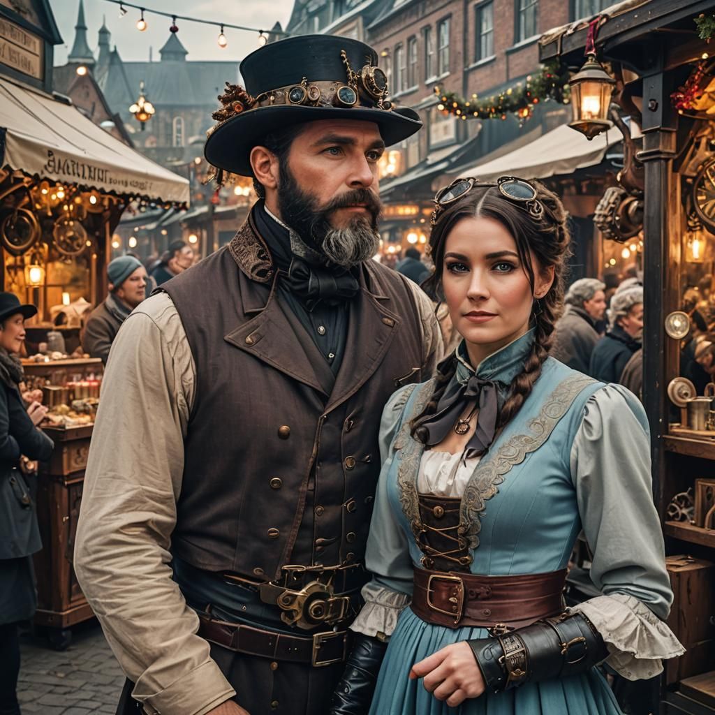 Steampunk Christmas Market Scene with Couple in Victorian Er...