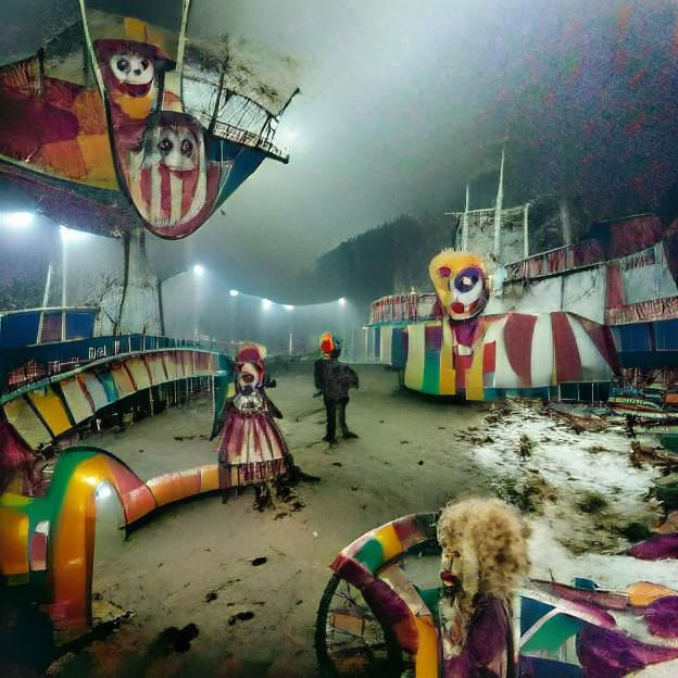 Eerie Abandoned Carnival with Clowns and Shadows