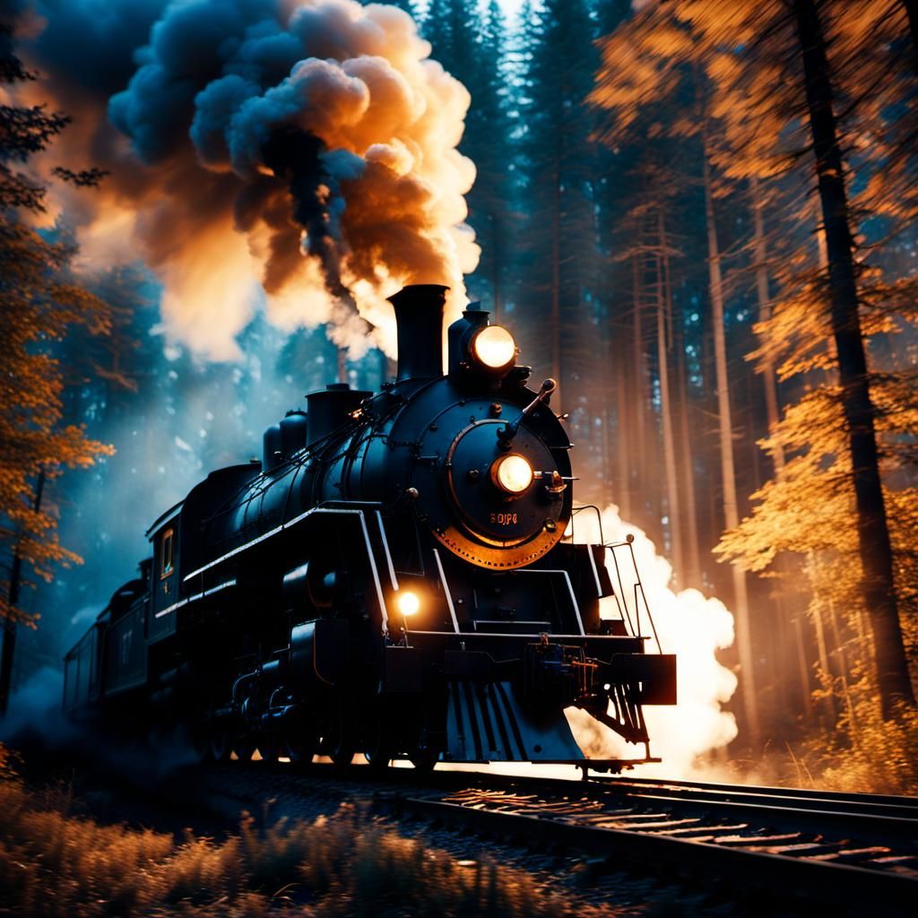 Locomotive at Night in Moody Cinematic Style