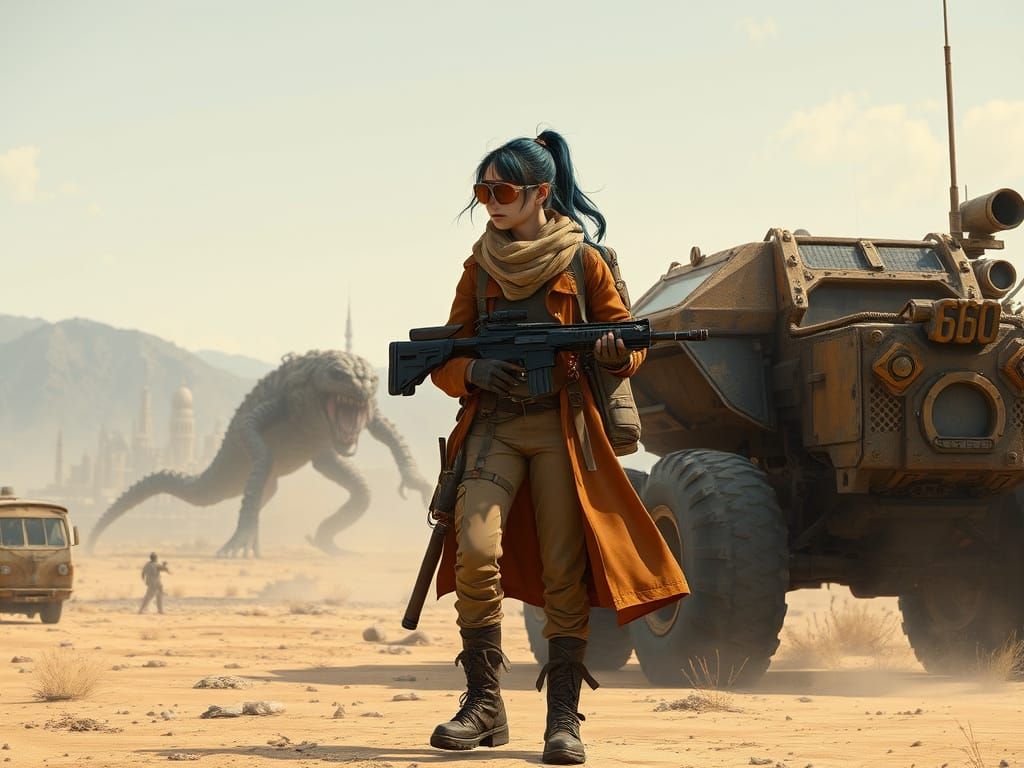 Nomadic Warrior in Sci-Fi Desertpunk Post-Apocalyptic Landsc...