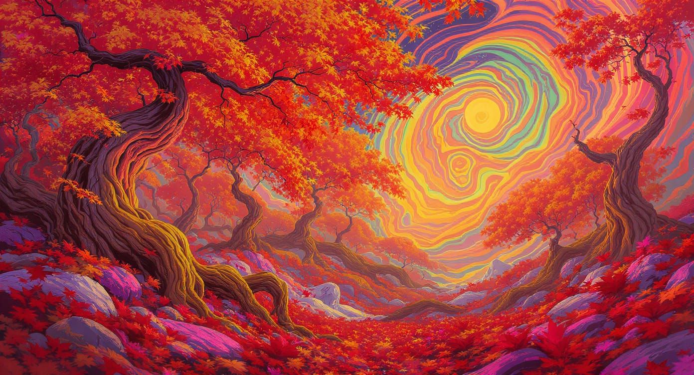 Psychedelic Autumn Forest Landscape with Swirling Patterns