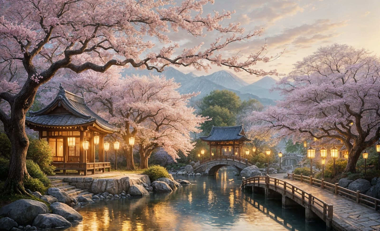 Cherry Blossom Tree in Japanese Garden, Impressionist Painti...