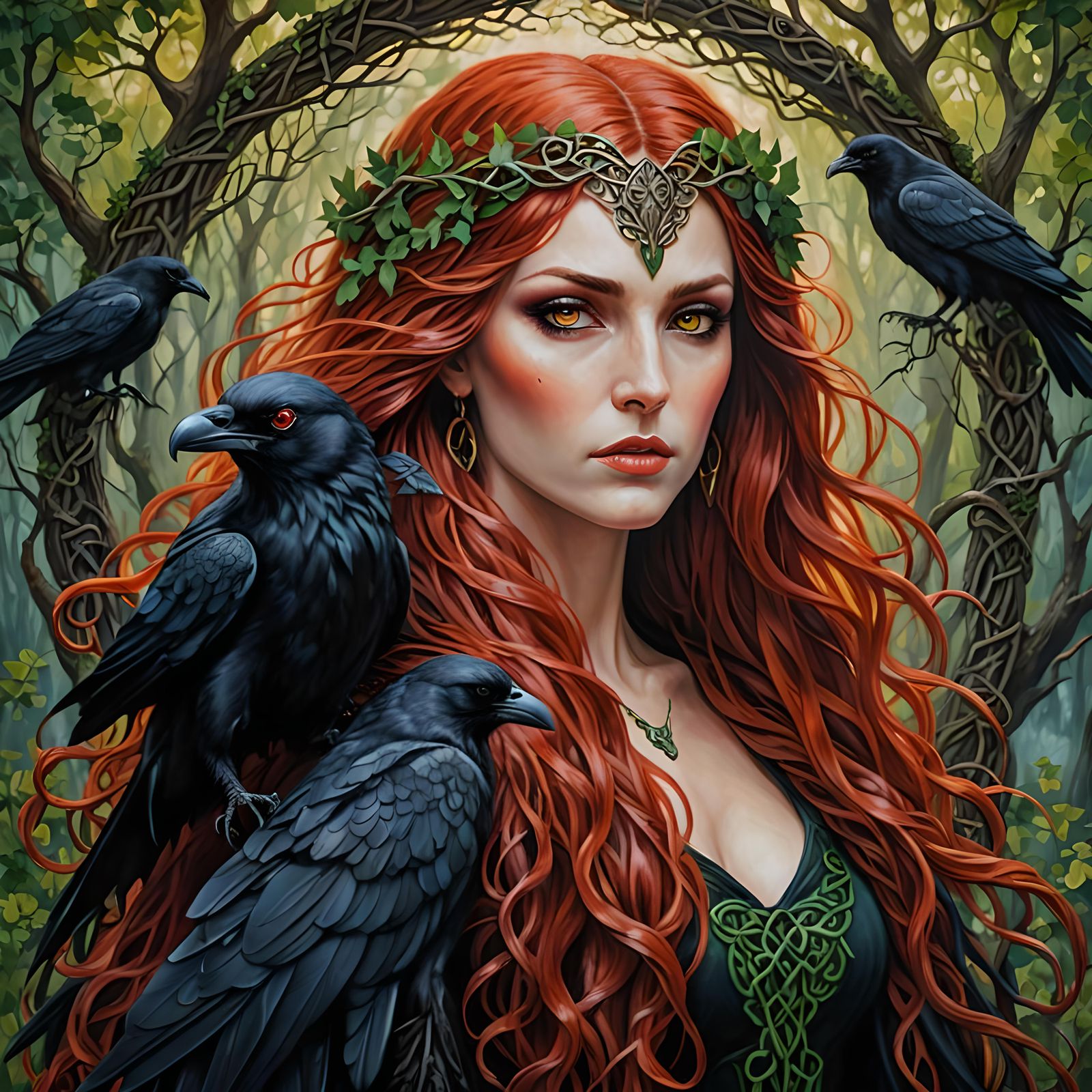 Celtic Goddess Morrigan in Forest Oil Painting