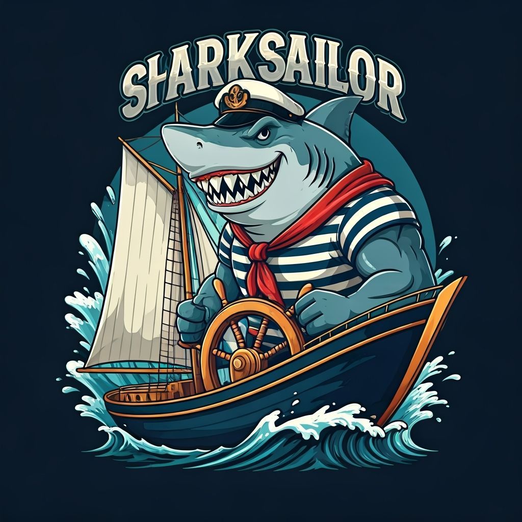 SharkSailor Cartoon: Muscular Shark Captains Sailboat