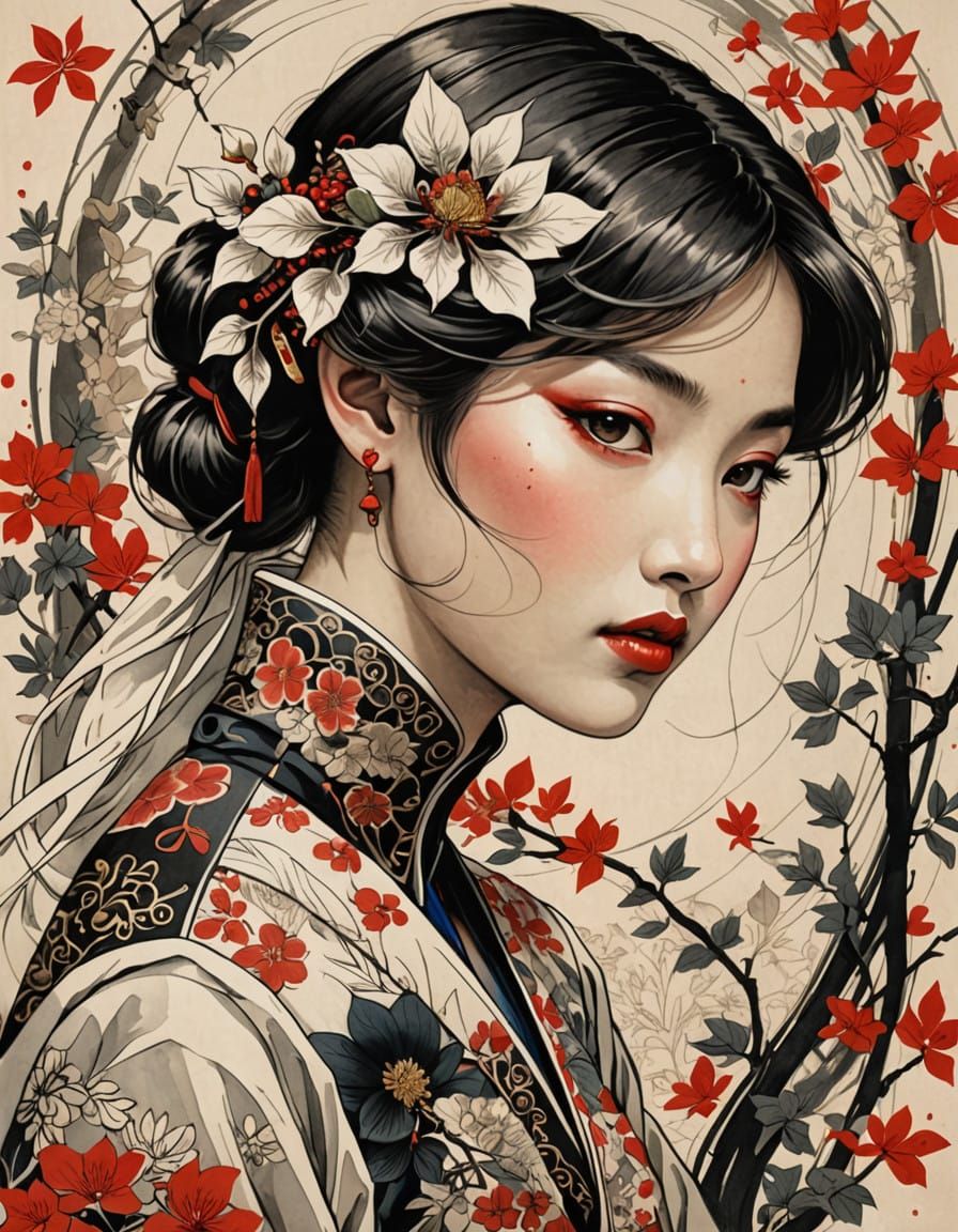 Sophisticated Ink Art of a Whimsical Lady