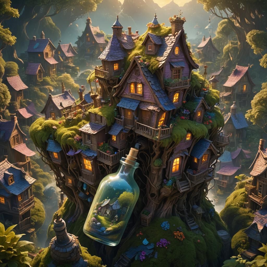 Giant Emerges from Bottle House: Fantasy Concept Art