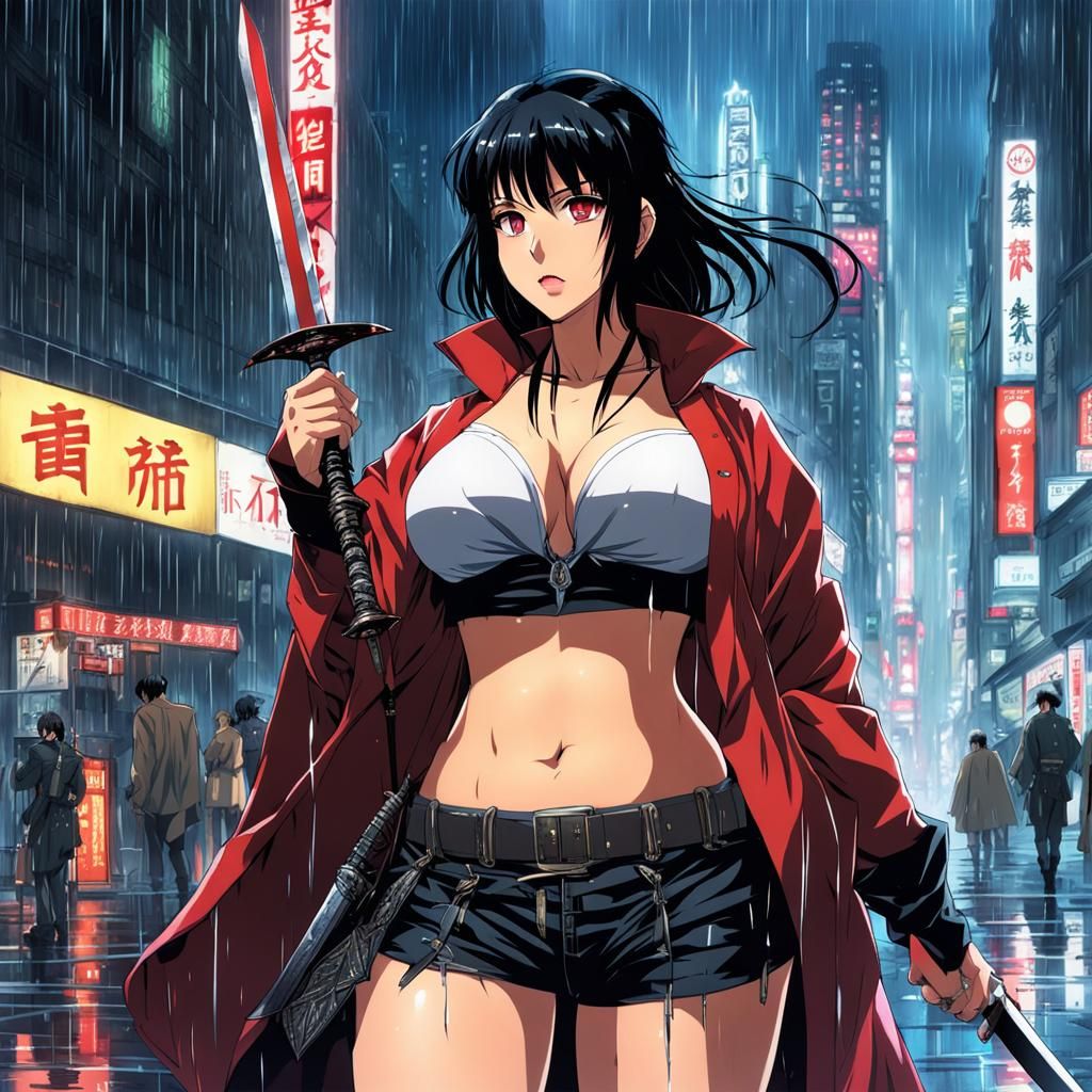 Anime Girl with Sword in Rainy Neo-Tokyo