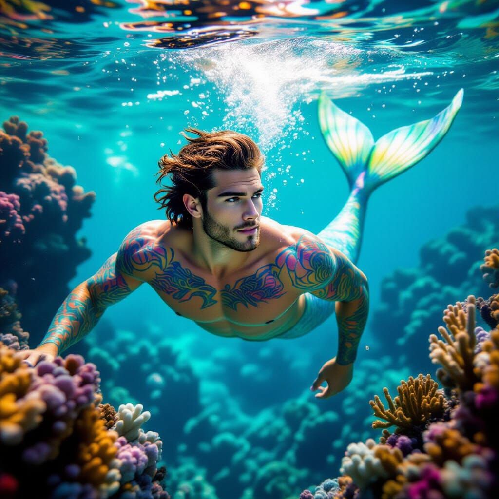 Handsome Merman Swims Through Iridescent Coral Reef