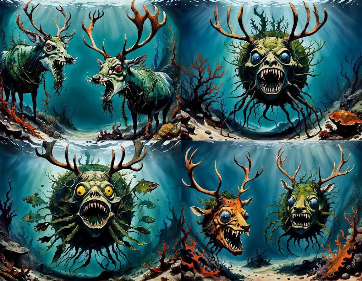 Surreal Underwater Monster Deer in Scandinavian Art Style