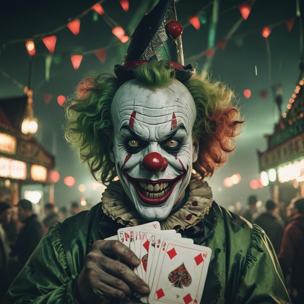 Terrifying Clown in Abandoned Carnival at Night
